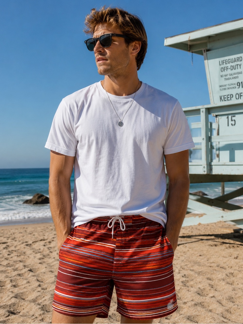 Caribbean Joe Men’s Striped Swim Trunks Red Orange Blue Tropical Beach Size M
